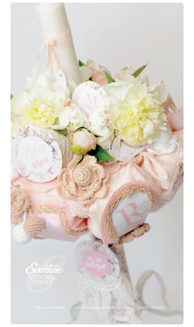 Lumanare de botez pentru fetite deosebita cu monograma si bujori, 65x4 cm, Shabby Chic  18